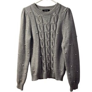 Chunky CableKnit‎ Crewneck Sweater Pearl Puff Sleeve Gray Old Money|Quiet Luxury